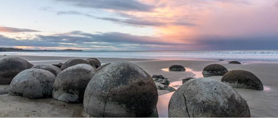 evening view of Moeraki Boulders sunset colours.